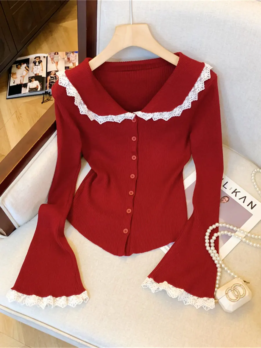 

Красный вязаный базовый свитер из Анголы для женщин, зимняя модная внутренняя одежда, свитер с рукавами-колокол, новогодний свитер, топ на осень-зиму 2026 года, коллекция «Год Зодиака»