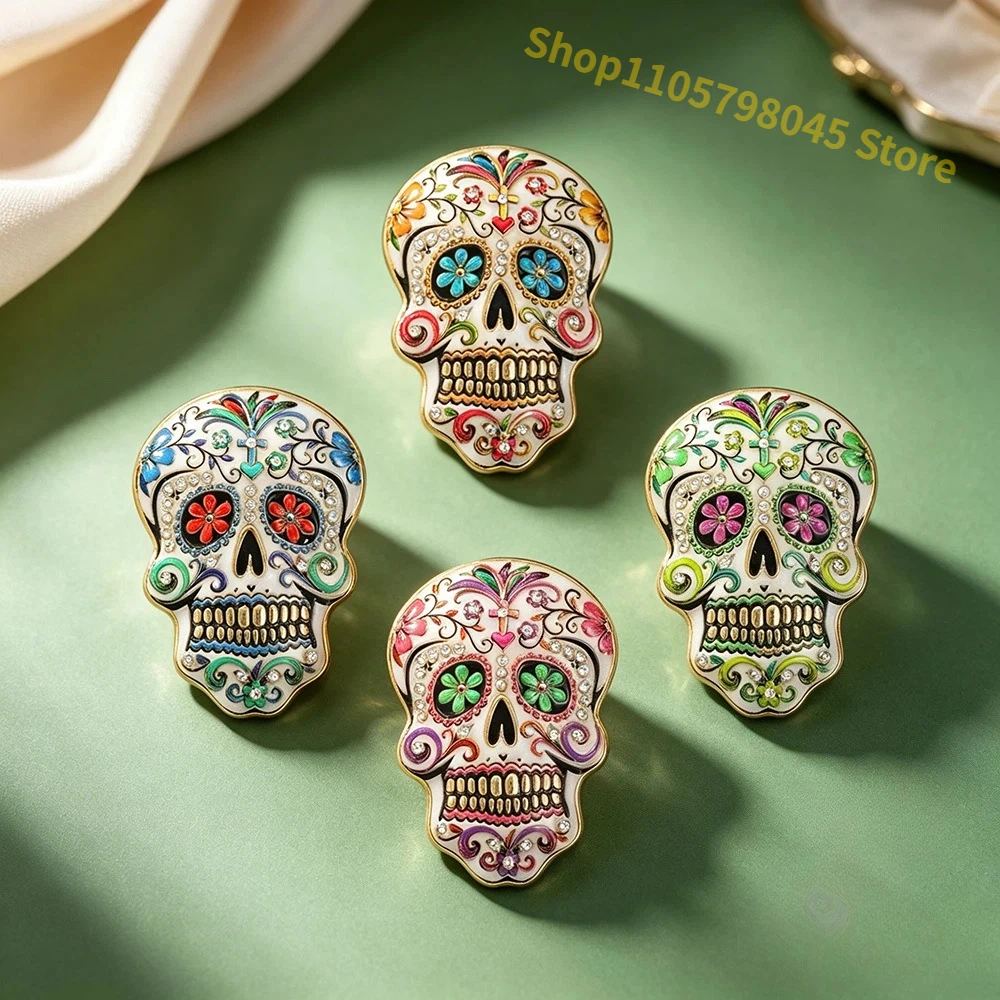 Colorful Floral Sugar Skull Brooch Enamel Rhinestone Inlaid Lapel Pin Day Of The Dead Halloween Costume Clothing Accessory