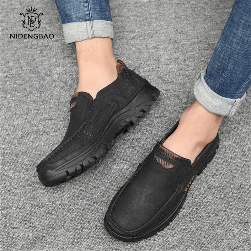 New Spring Men Casual Shoes Leather Loafers Outdoor Men's Shoes Quality Split Leather Flat Moccasins Men Sneakers Big Size 39-48