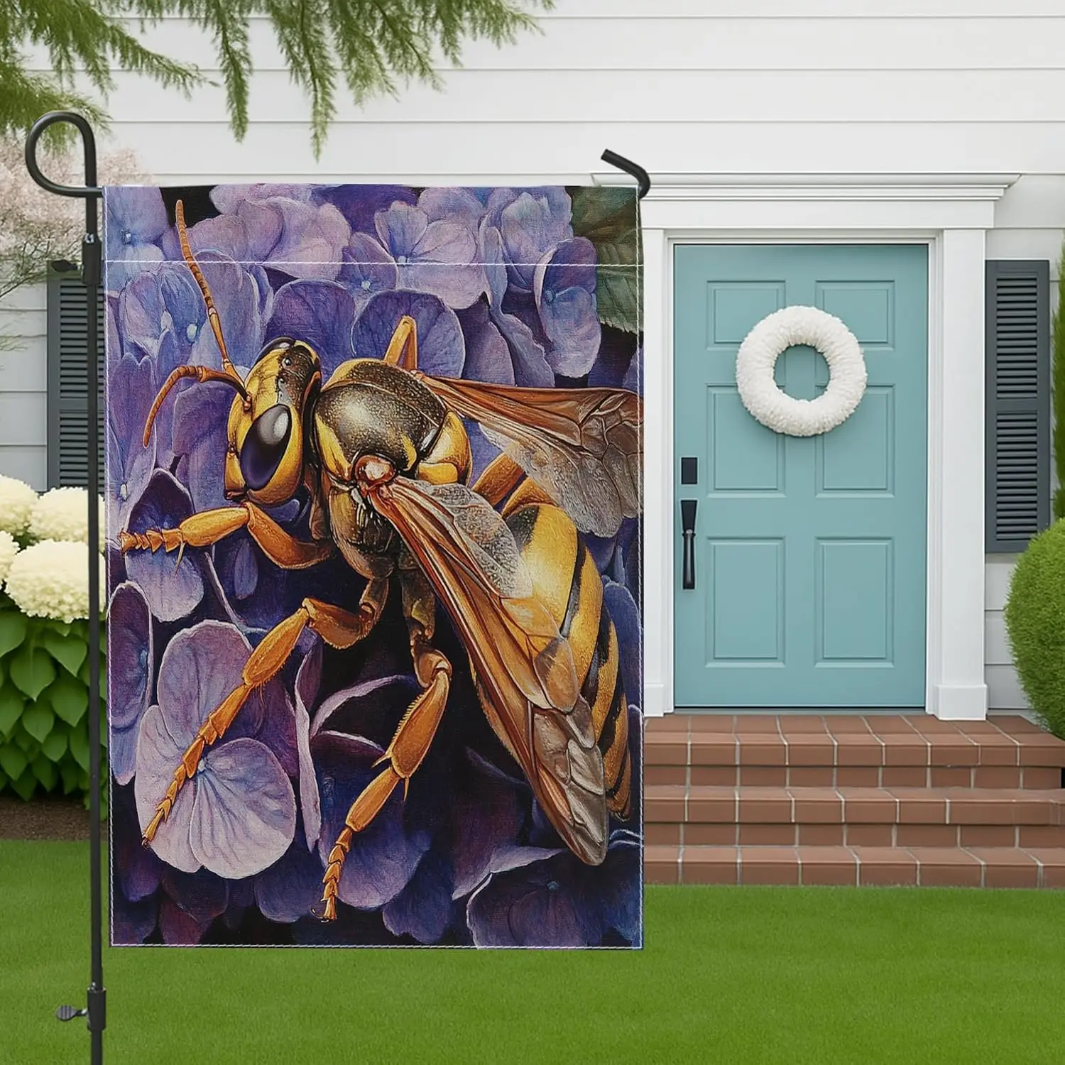 Spring Paper Wasp Garden Flags 12”x18” Double Sided for Outside Decorative, Purple Flowers Pattern FrontYard House Flag, Ins ZZM