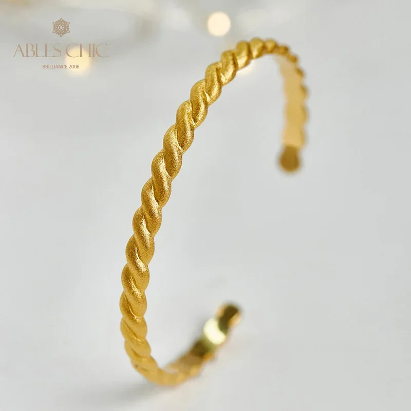 Ables Chic Solid 925 Silver 5mm Rope Pattern Wedding Cuff 18K Gold Tone Matte Open Bangle Bracelets  C11B2S25921