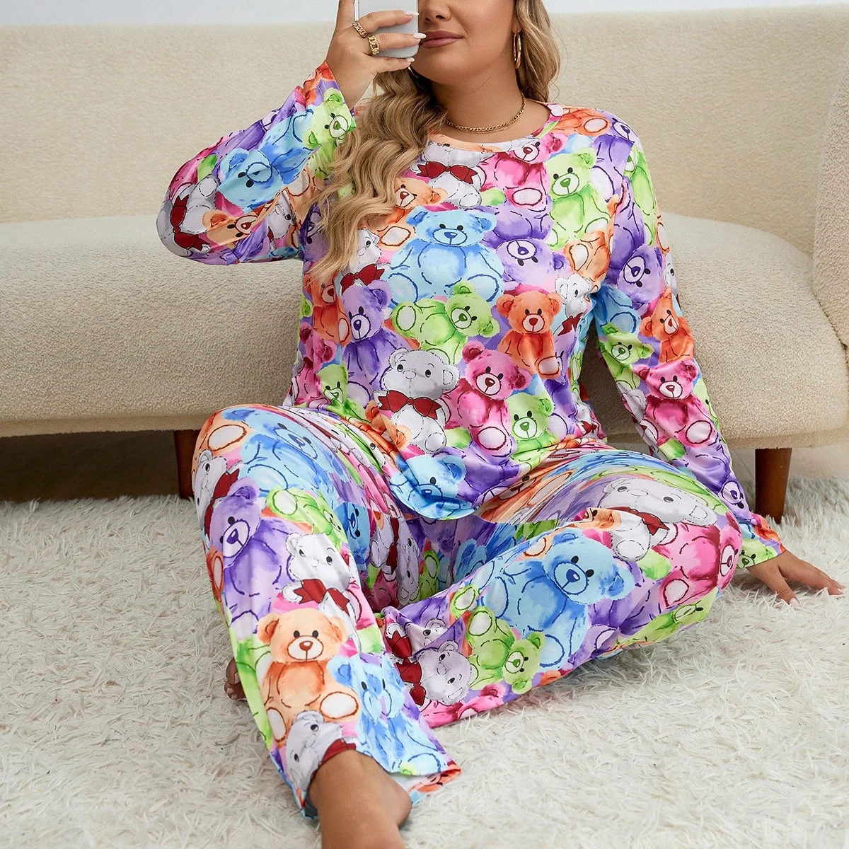 Large size women\'s pajama set cute printed short sleeved top&pants home clothing 2-piece set