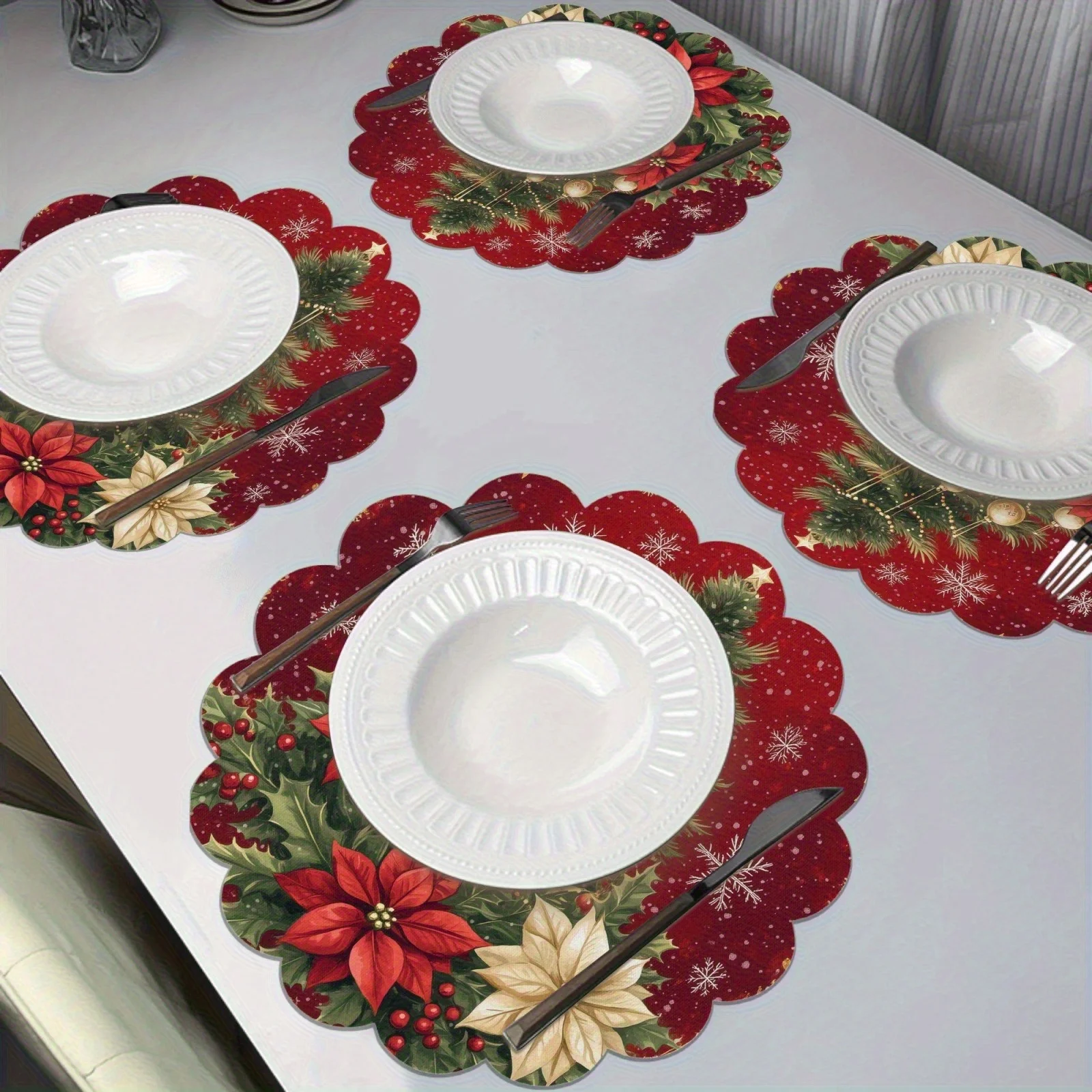 VIKAMA Round Scalloped Christmas Placemats Poinsettia Ball Linen Mats Non-Slip Heat Resistant for Festive Xmas Table Decor