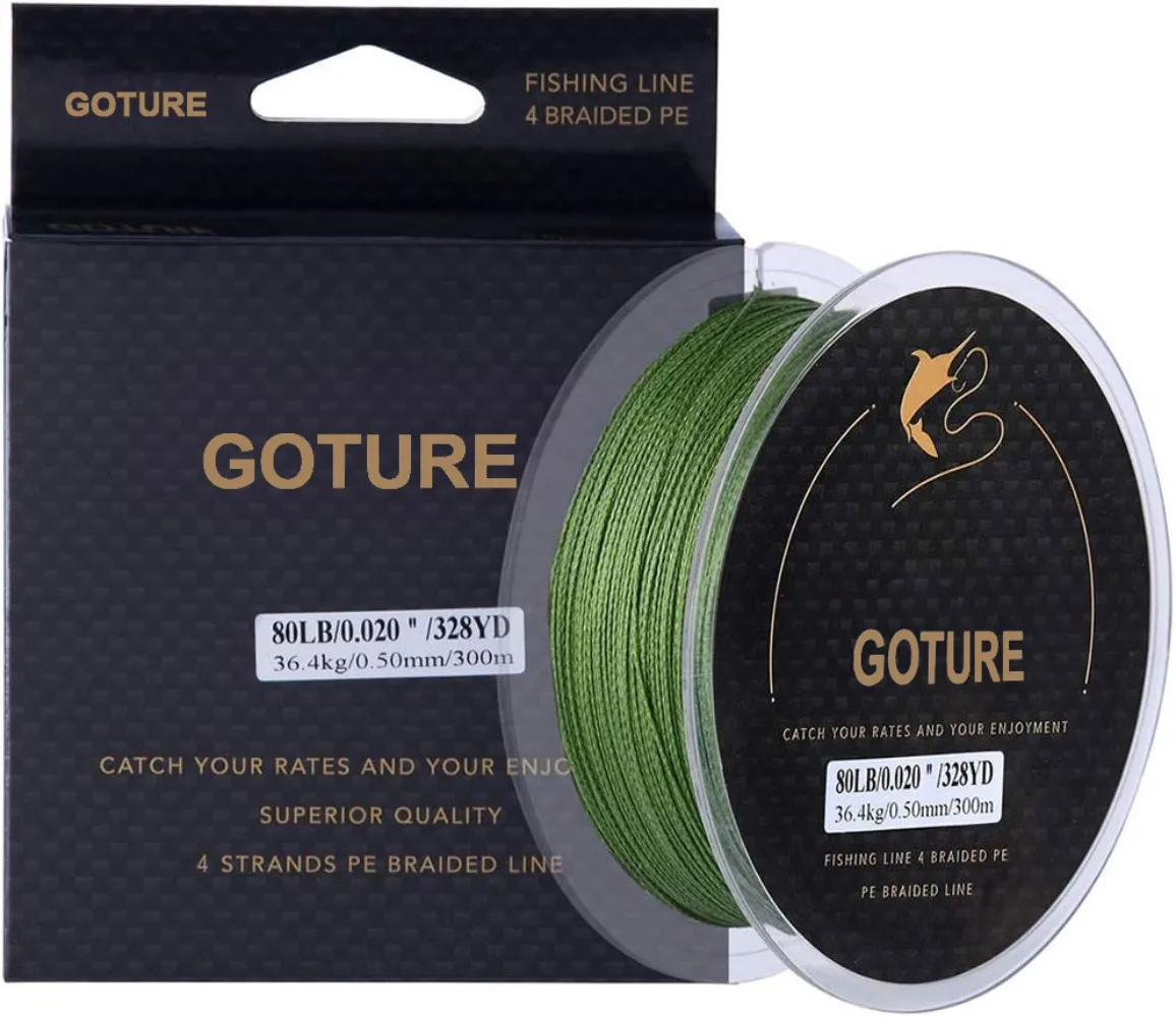 Goture 300M 8 Strands Army Green Super Strong Braided Fishing Line 0.5mm 80LB As Tippet or Main Line