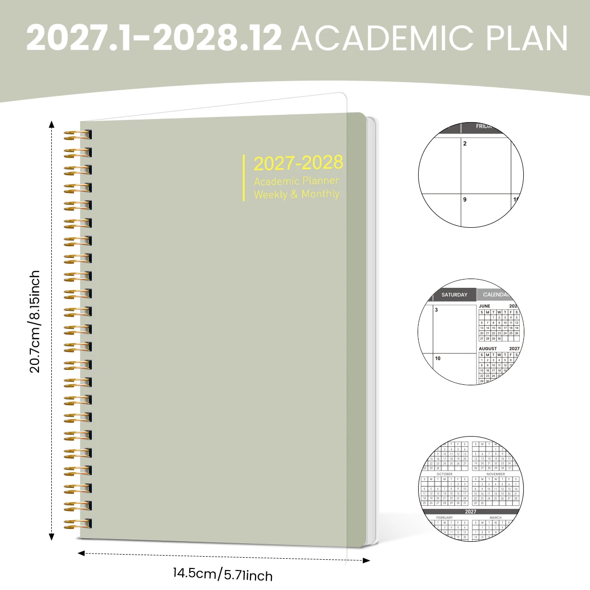 1PC 2027-2028 A5 Academic Planner Notebook, Sage Green Weekly & Monthly Spiral Organizer for School, Work & Daily Planning
