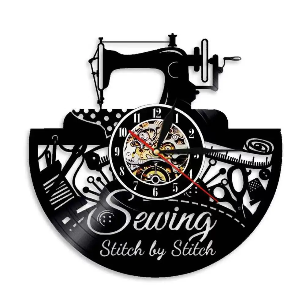 Vintage Sewing Machine Vinyl Record Wall Clock WithLED Backlight Tailor Stitch Design Night Light for Craft Room Decor Seamstre