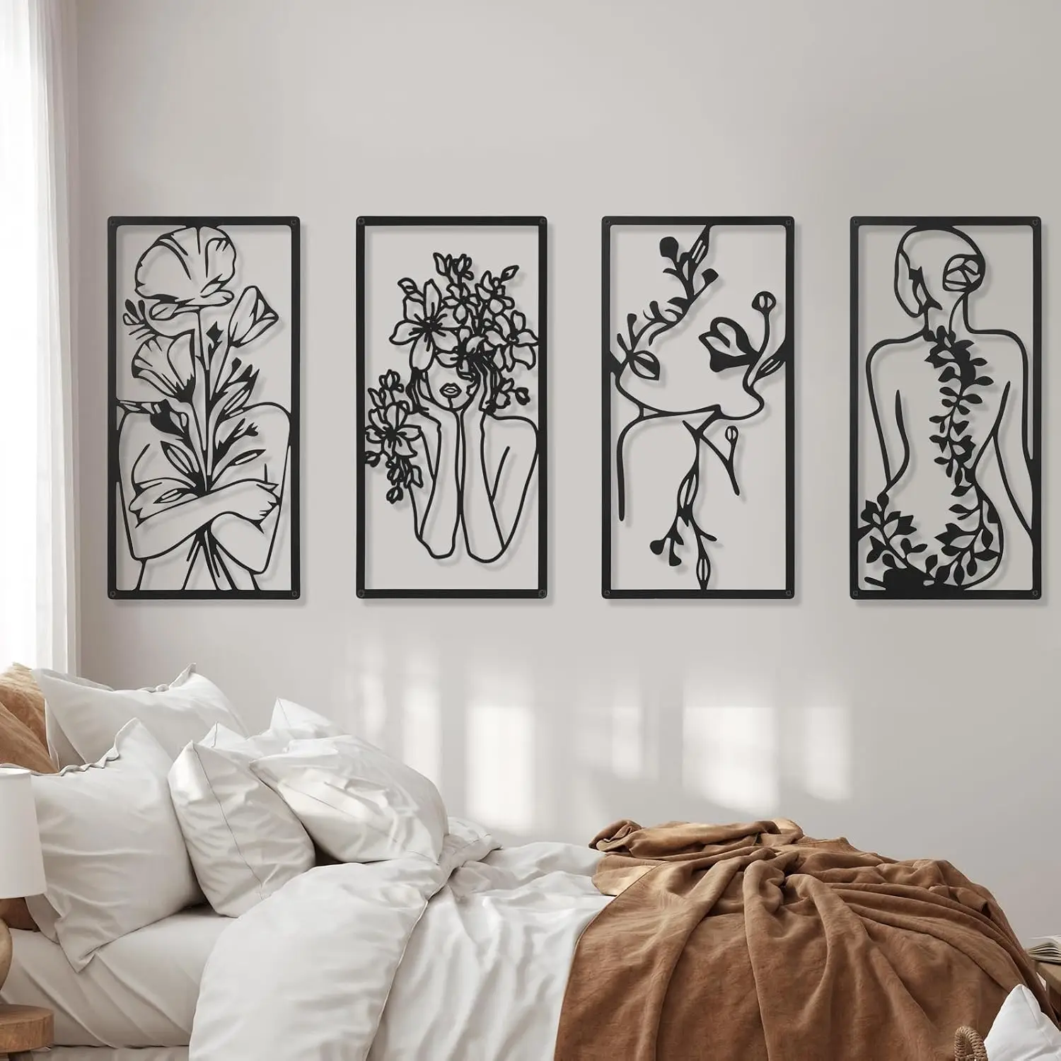 4 ชิ้นโลหะตกแต่งผนัง Minimalist บทคัดย่อผู้หญิง Wall Art Line วาดเส้นโลหะ art แขวนตกแต่งบ้าน