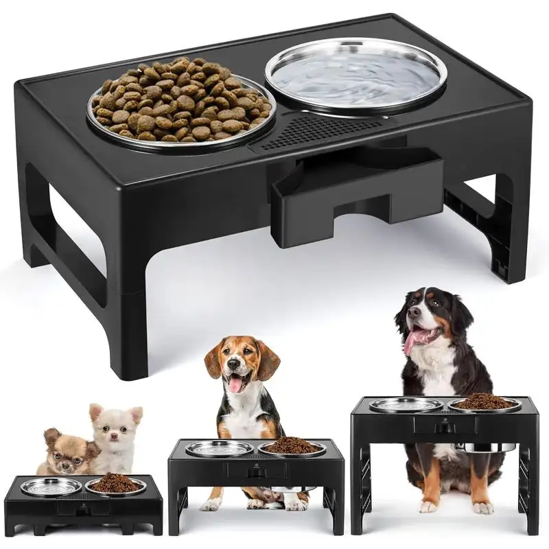 

Raised Dog Bowls, 3 Height Adjustable Elevated Dog Bowl Stand with Anti-Slip Design, 2 Stainless Steel Dog Food Bowls