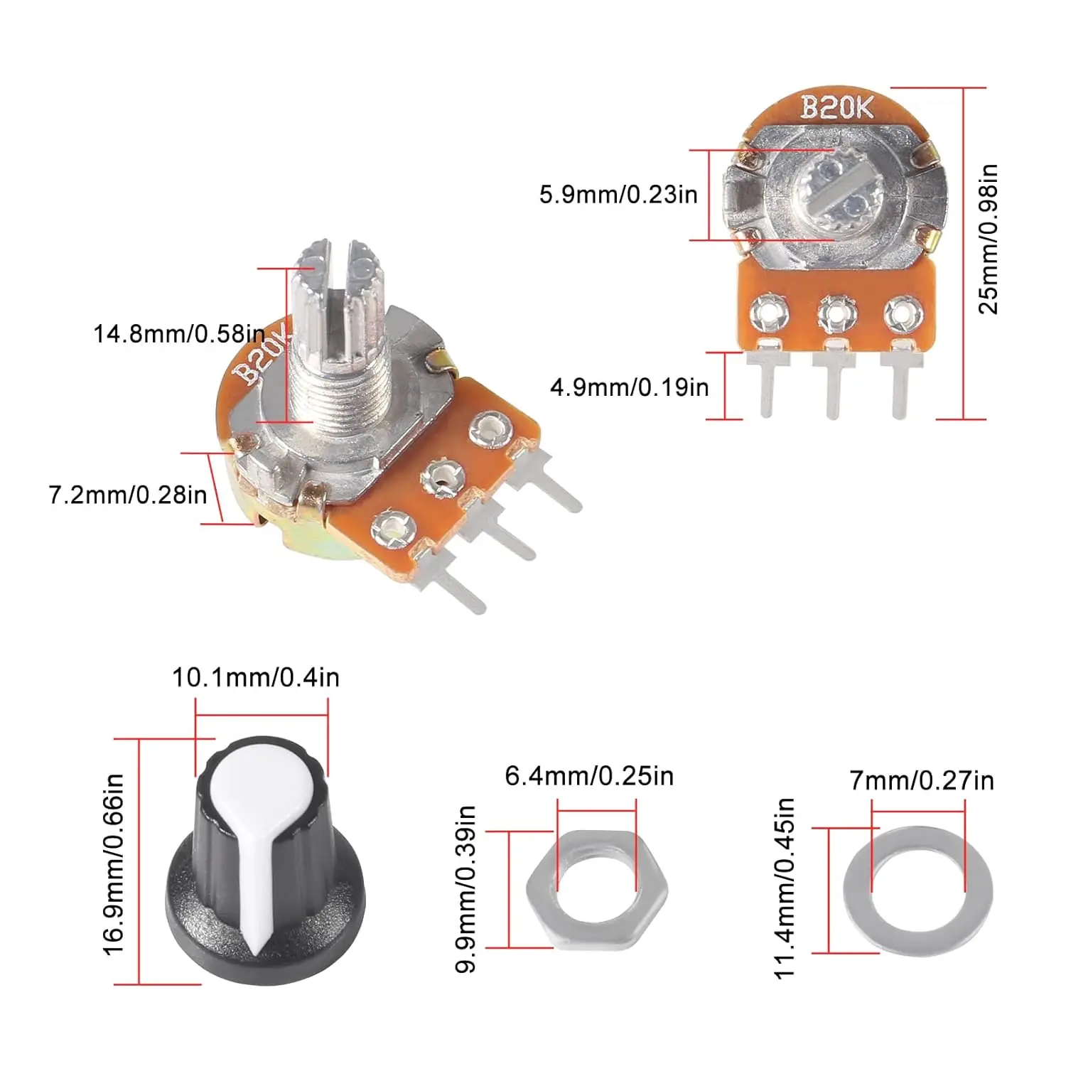 25 комплектов B20K Ом с накаткой, линейный поворотный конический потенциометр WH148 B20K, одношарнирные переменные резисторы, вал 15 мм, 3 контакта, 20K