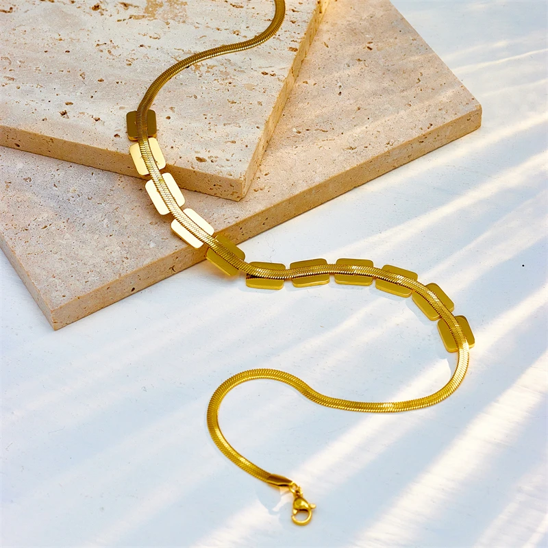 DIEYURO 316L Stainless Steel Geometric Square Pendant Necklace For Women Fashion Girls Gold Color Flat Snake Chain Jewelry Gifts