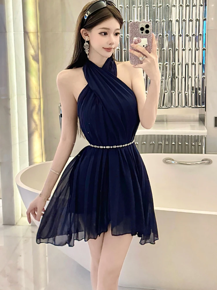 Women Blue Chiffon Pleated Bodycon Chain Bandage Dress Summer Elegant Neck-mounted Sexy Mini Dress 2025 Korean Casual Prom Dress
