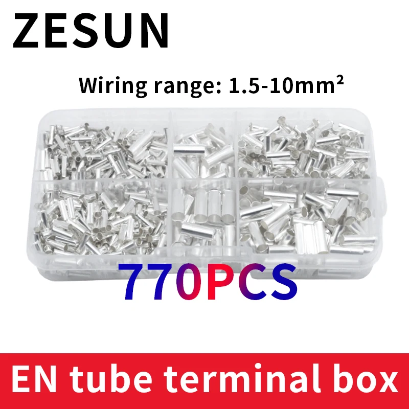 770pcs 1.5-10mm² 5 specifications in one EN tube plug wire nose cold pressed wiring terminal box copper wire pair connector