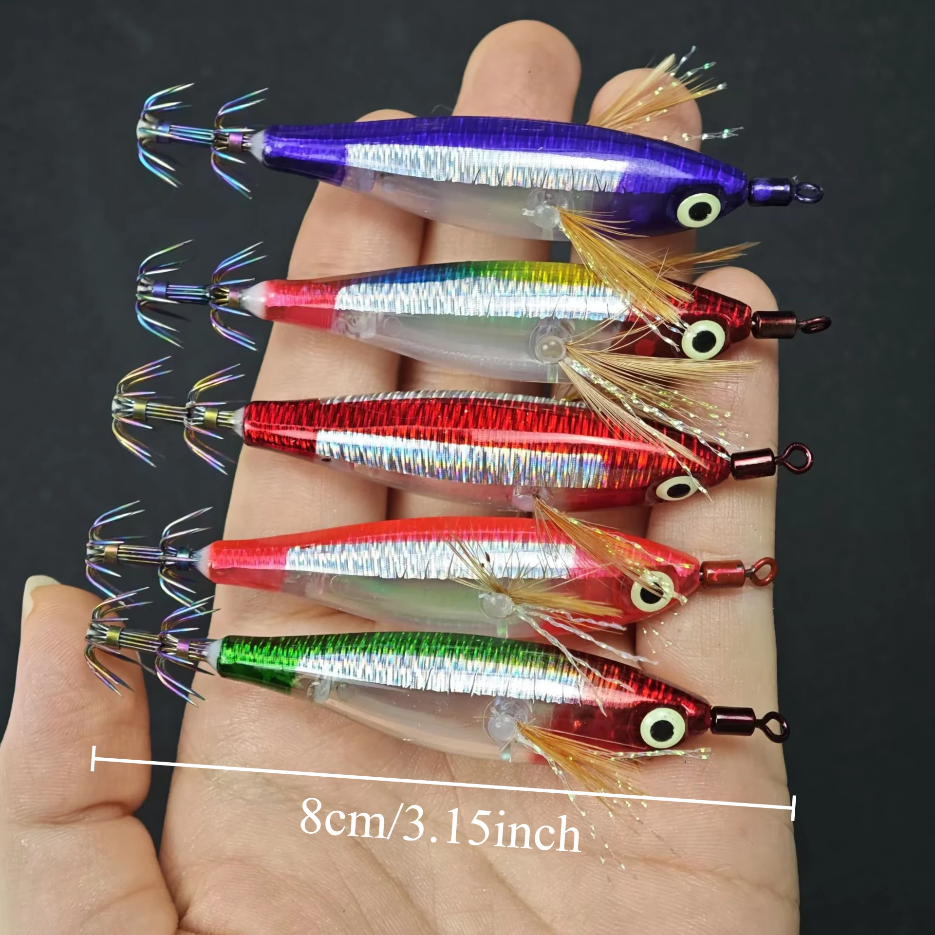 5pcs Fishing Lure Horizontal Squid Jig Luminous Glow Wood Shrimp Bait Octopus Sea Fishing Lure Egi Set