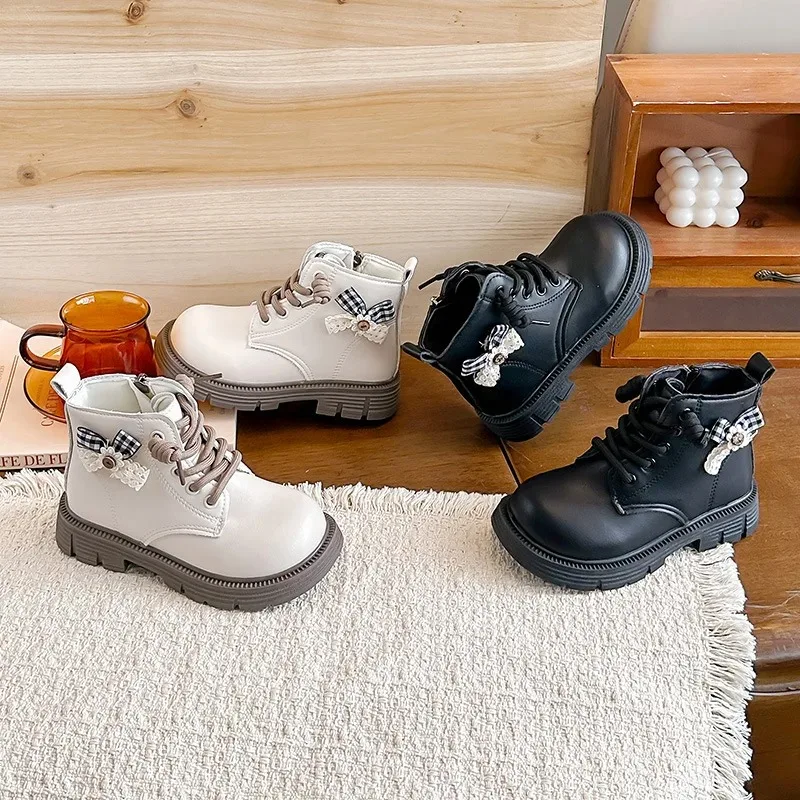 Children's Boots Fashion Spring Autumn Black Ankle Boots for Girl Leather Elegant Embroider Flower Causal Kids Shoes Side Zipper