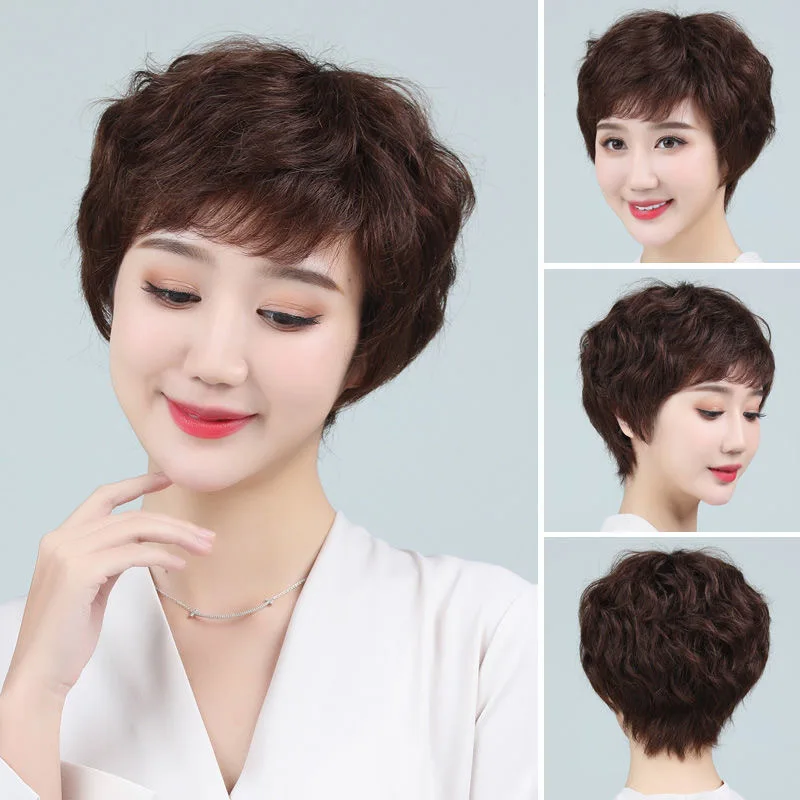 

Парик для женщин среднего и пожилого возраста, модный, натуральный, короткий, кудрявый, из натуральных волос, с боковой челкой, омолаживающий, дышащий.