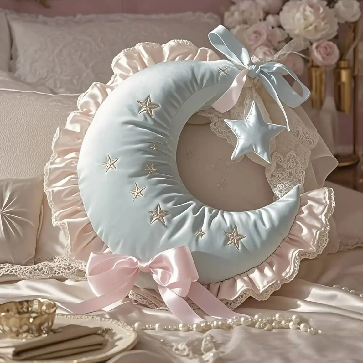 Creative Lolita Moon Cushion Girls Bedroom Decorative Pillow Lace Ruffle Bow Decorative Moon Shape Back Cushion Seat Cushion