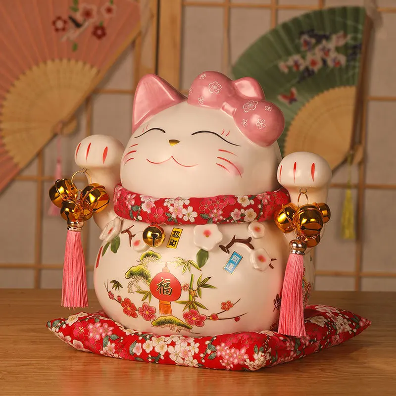 Peach Blossom Cat  Lucky Cat Girl Cute Cash Can Japanese Ceramic Decoration Cashier Lucky Cat Home Decor 7 8 10 inch