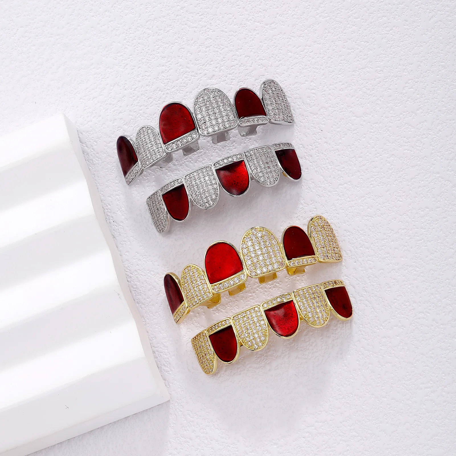 Hip Hop Red Enamel Grillz Teeth Caps Iced Out Rhinestone Gold Silver Plated Removable Dental Decor Cosplay Party Teeth Jewelry