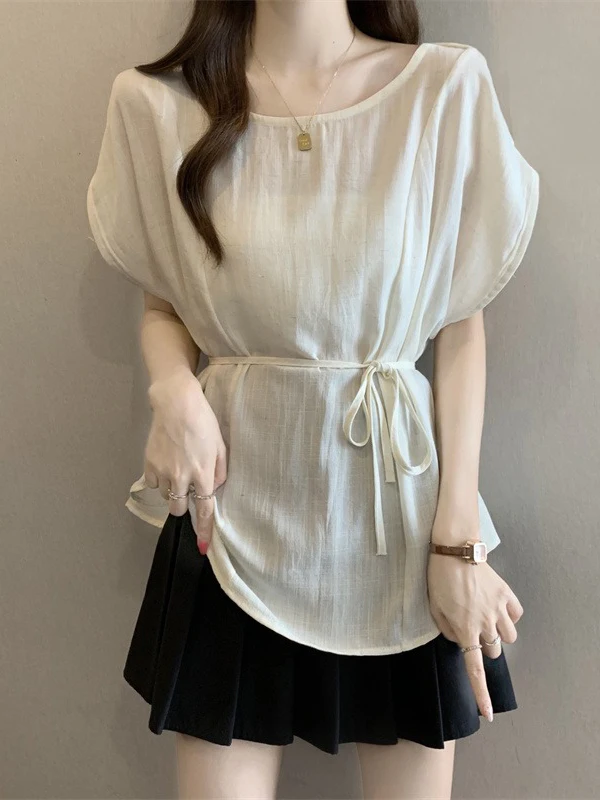 

Slim Fit Cotton Linen Short Sleeve Shirt Women's Summer New Large Size Fat MM Mid-Length Belted Waist-Cinching Top