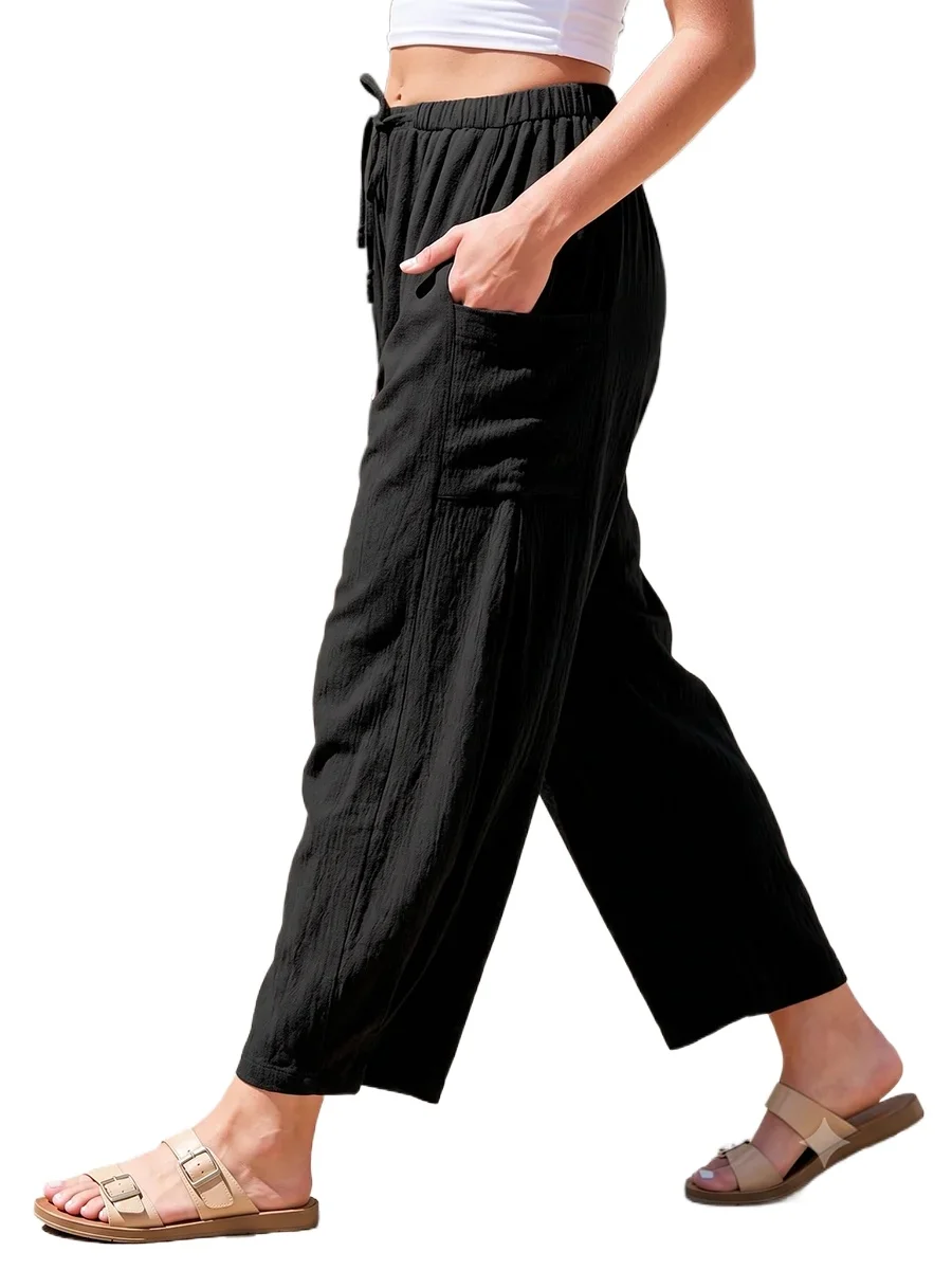 Casual Loose Wide Leg Trousers for Women High Waist Drawstring Pockets Baggy Palazzo Pants Solid Black Streetwear Outfits