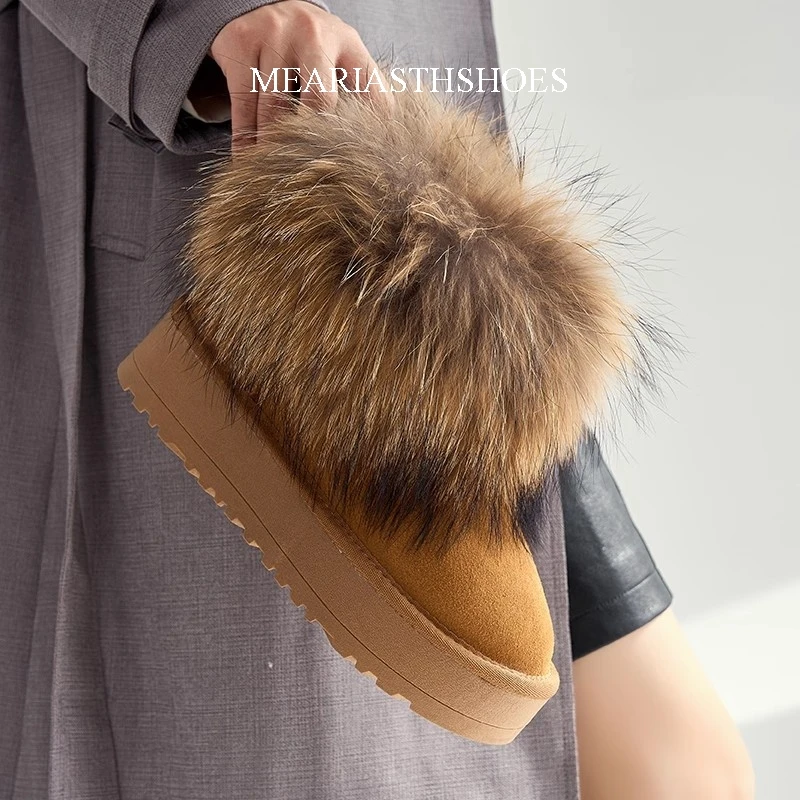 

size 35-40 Winter Fox Fur Snow Boots Women's Genuine Leather platform Short Boots Flat Thickened Warm Raccoon Fur Cotton Shoes