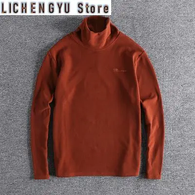 Autumn Winter American Retro Long Sleeve Turtleneck Thick Double Side Velvet Embroidery T-Shirt Men's Simple Casual Sweater Tops