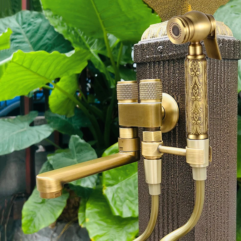 Antique Hand Held Bidet Sprayer Douche Toilet Kit Garden Faucet Copper Engrave Shattaf Shower Head Valve Set Jet Bidet Taps Set