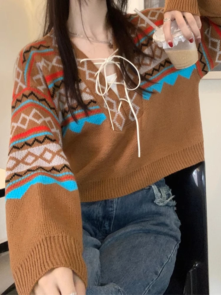 Women Green Striped Pullover Knitted Sweater Harajuku 90s Aesthetic Y2k Long Sleeves Sweaters Vintage 2000s Clothes Autumn 2024