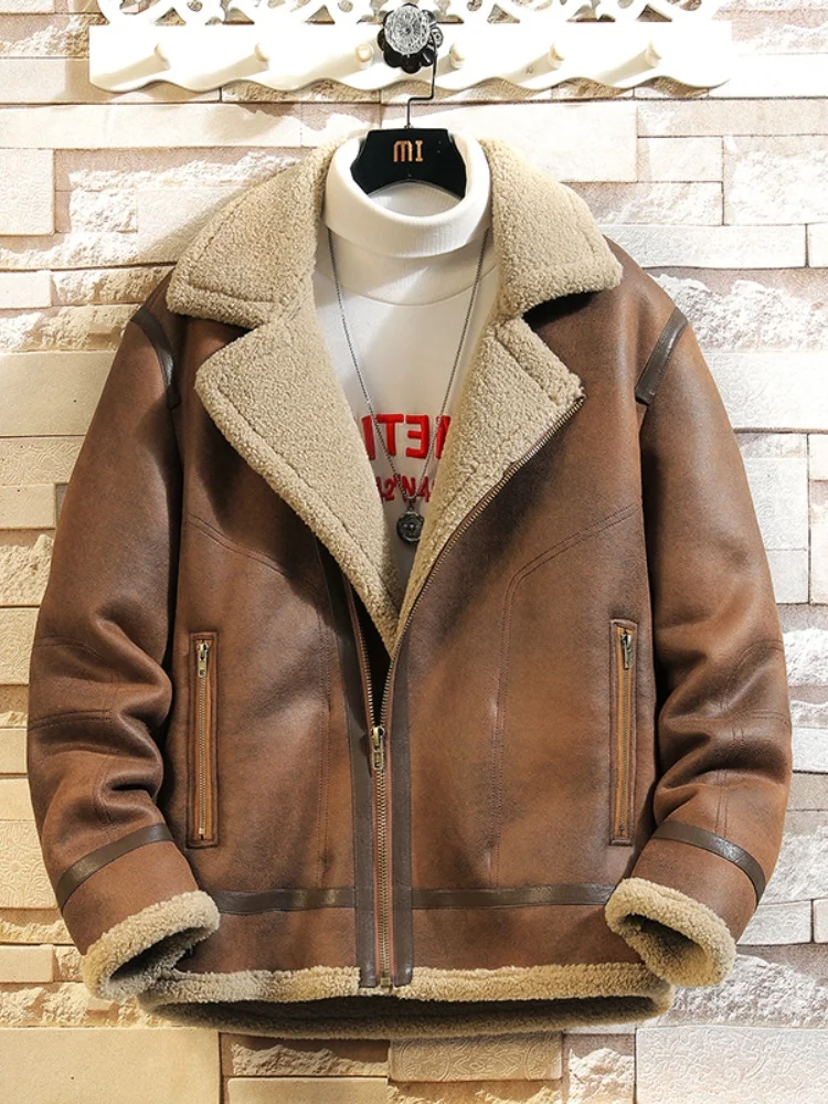 

Мужская зимняя куртка из овечьей шерсти с подкладкой из флиса, интегрированной кожи и меха, новая модель 2024 года, популярное хлопковое пальто