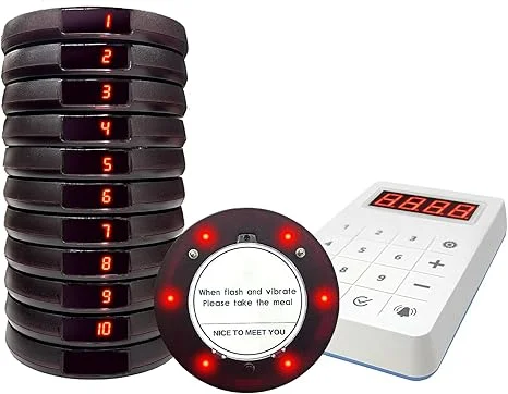 Restaurant Buzzer System, 10 Coaster Beeper Pager System with Buzzer, Customer Queue Pagers with Vibration, Flashing and Buzzer