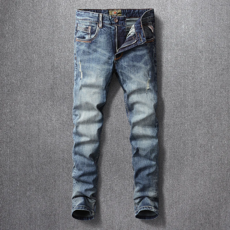 

Newly Designer Fashion Men Jeans Retro Blue Elastic Slim Fit Ripped Jeans Men Cotton Denim Trousers Vintage Casual Pants Hombre