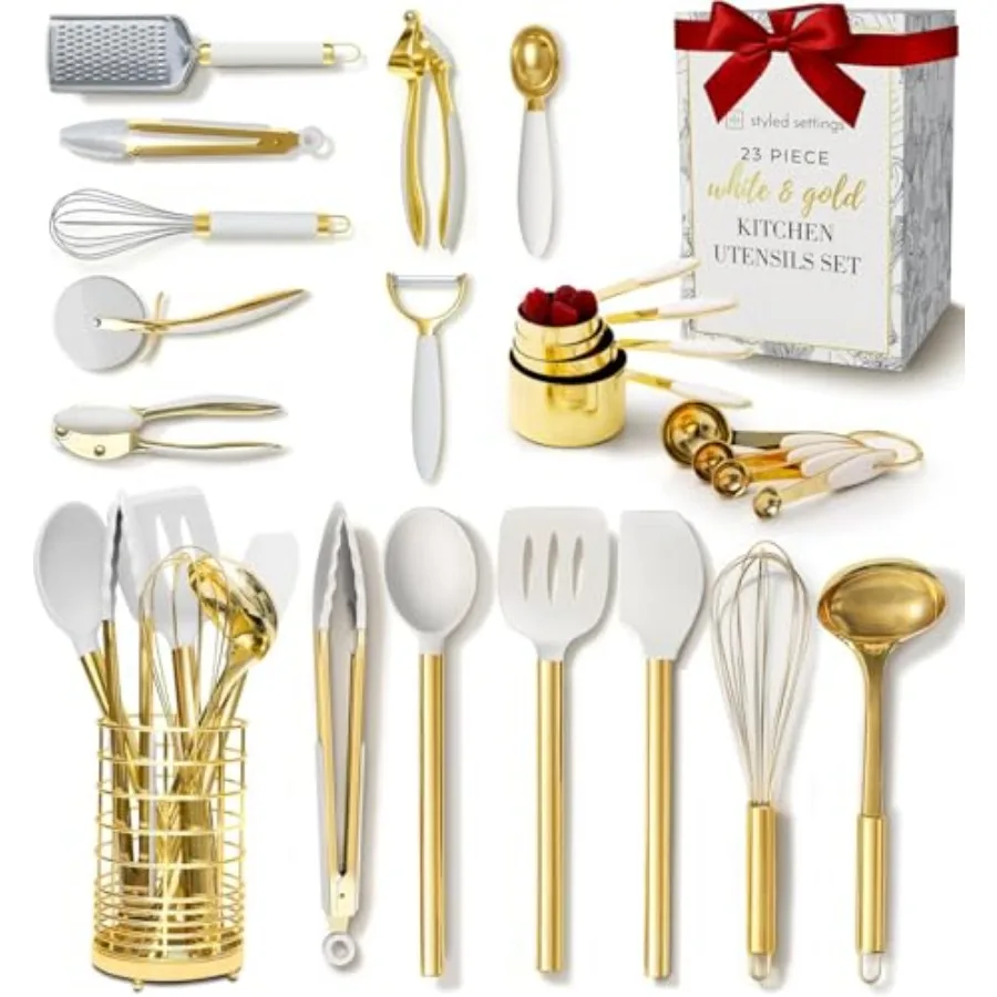 

White and Gold Kitchen Utensils Set - 23-Piece Gold Kitchen Accessories Include Measuring Cups and Spoons Set Silicone Utensils