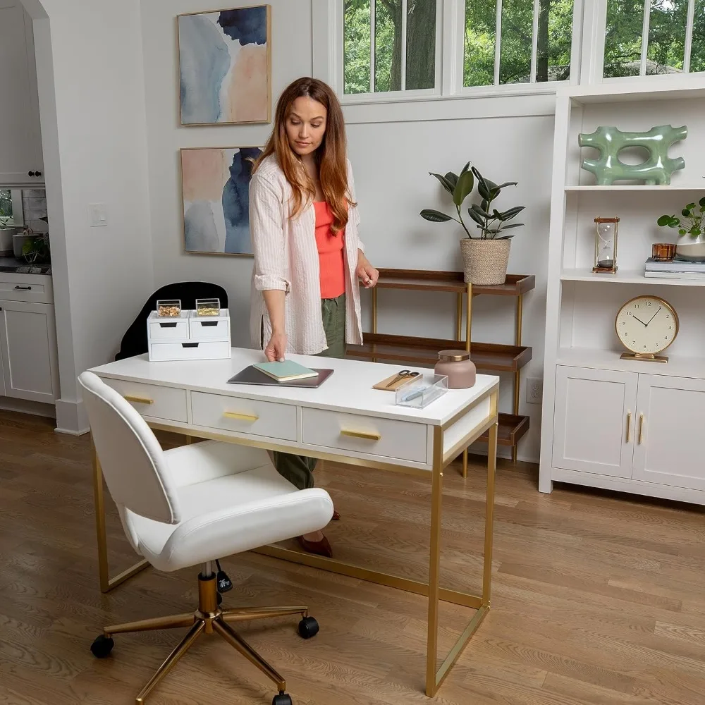 Home Office Desk with 3 Drawers in White with Polished Brass Hardware, Home Office Desk