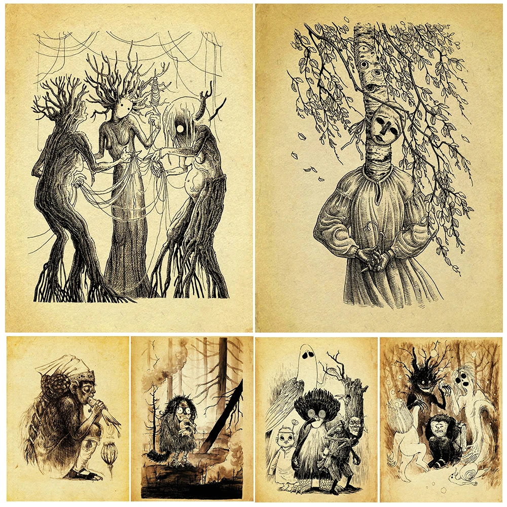 

Three Witches Spinning Thread And Shaman Vintage Wall Art Canvas Painting Tree Spirit Abstract Art Poster And Print Home Decor