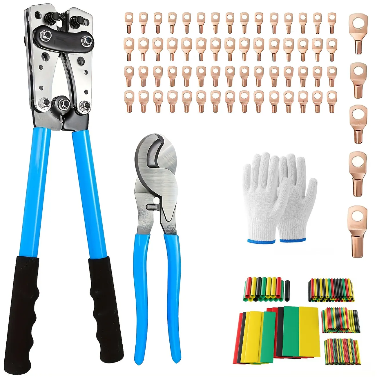 

AWG 8-1/0 Heavy Duty Cable Crimping Tool Set Wire Crimper Pliers with Cable Cutter, Copper Lugs, Heat Shrink Tubing & Work Glove