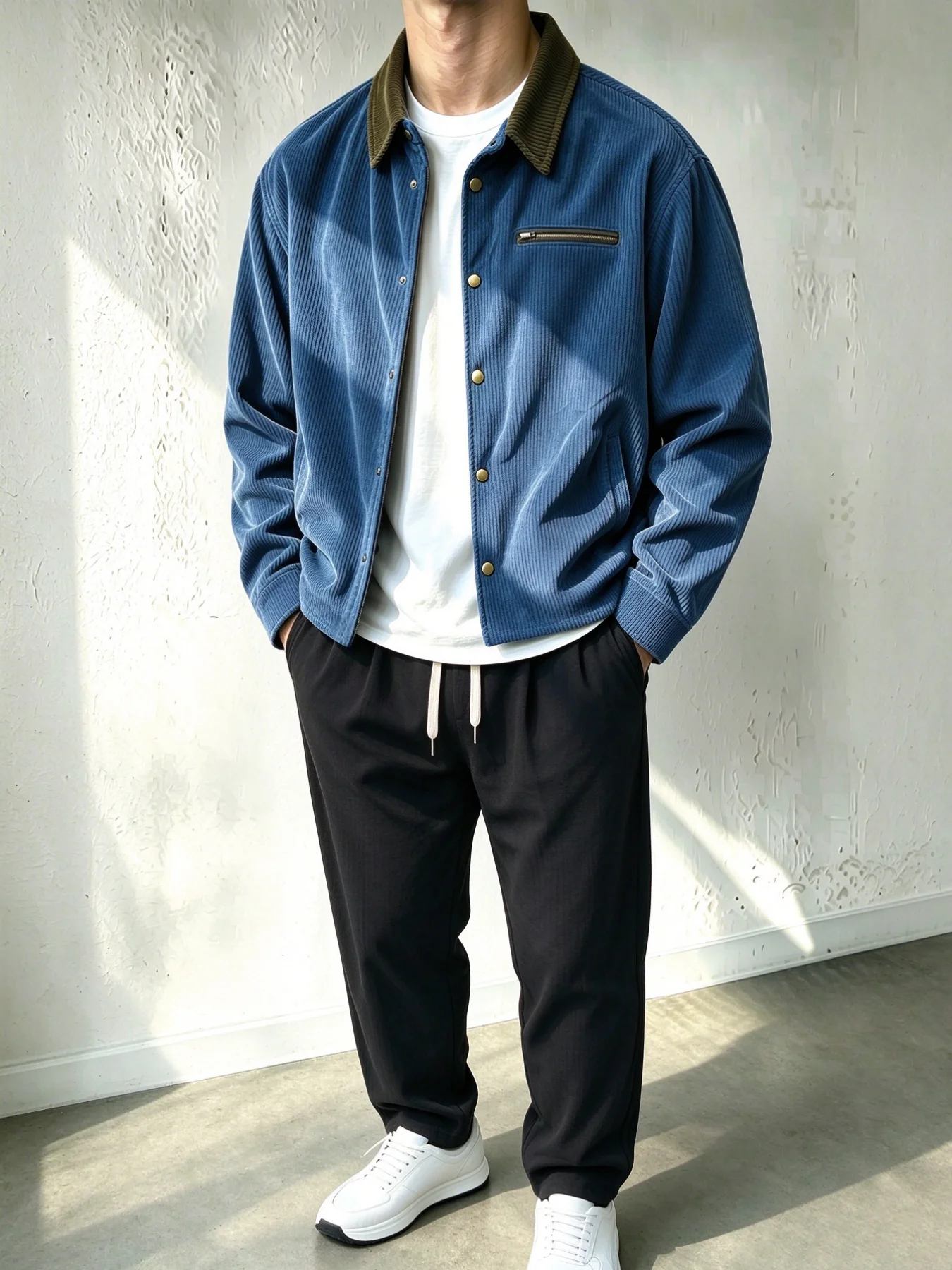 Men's 2Pcs Outfit Set Color Contrast Collar Corduroy Jacket & Casual Drawstring Pants, Spring Autumn Daily Casual Suit