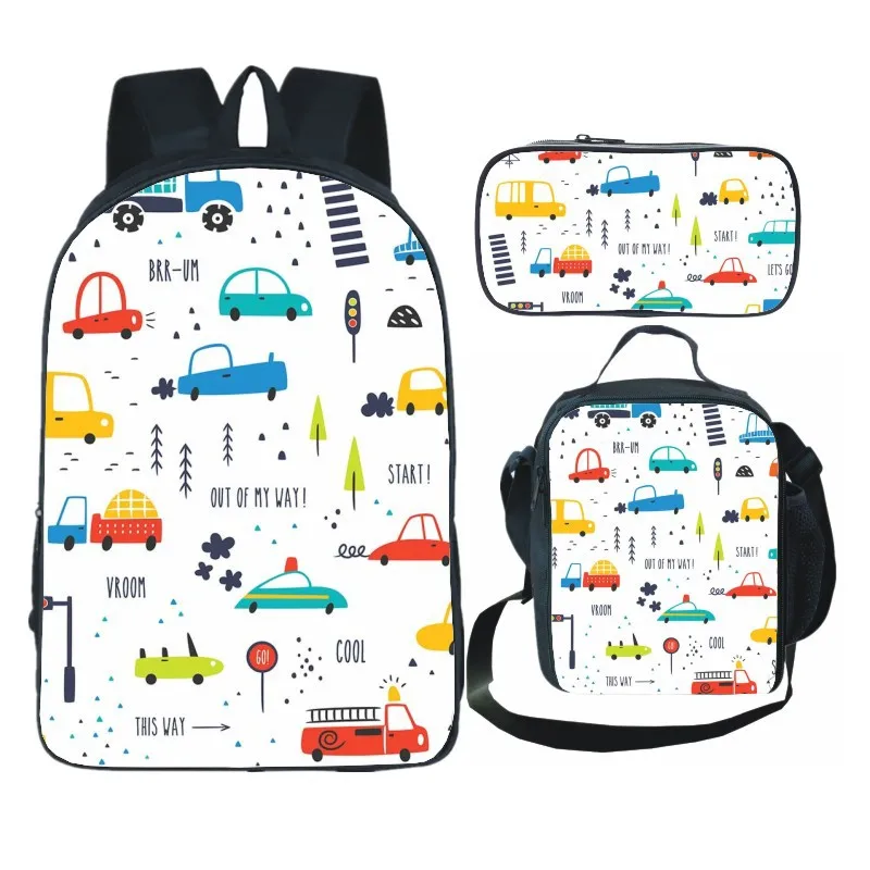 Cartoon Transport Auto 3 teile/satz Rucksack 3D-Druck Schüler Bücher tasche Laptop Daypack Umhängetasche Bleistift Fall leichte Tasche