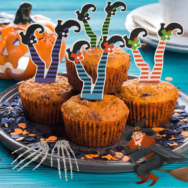 12Pcs Colored Witch Foot Toothpick Cake Topper Striped Witch Lower Body Cupcake Flag Birthday Party Halloween Decoration