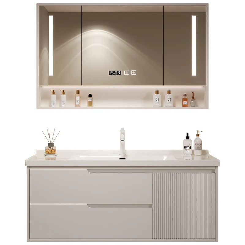 

Milk tea gray bathroom cabinet combination ceramic integrated basin washstand bathroom basin cabinet combination