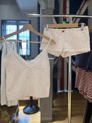 Heart Print Tank Shorts Pajama Set Woman Lace Trim V-neck Slim Crop Top+ Bow Short Pant Sweet Cute Home Cotton 2 Piece Sets Y2k