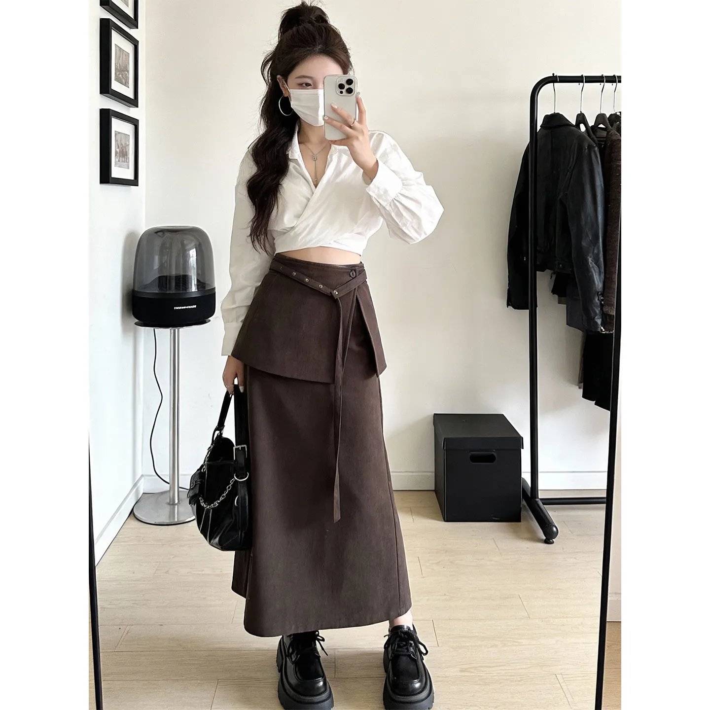Vintage Minimalist Brown Wrap Midi Skirt High Waist Layered Belted Skirt With Slit For Women Streetwear Y2K Trendy Outfits Wear
