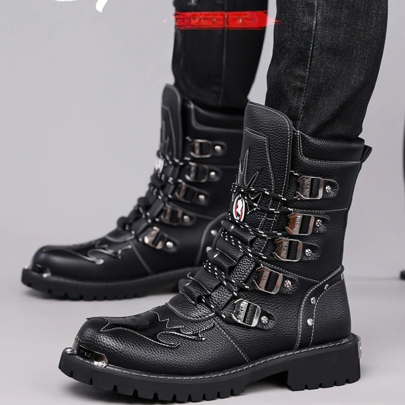

Мужские высокие кожаные ботинки на плоской подошве, без застежек, в новом нишевом стиле, для мотоциклистов и рабочих.