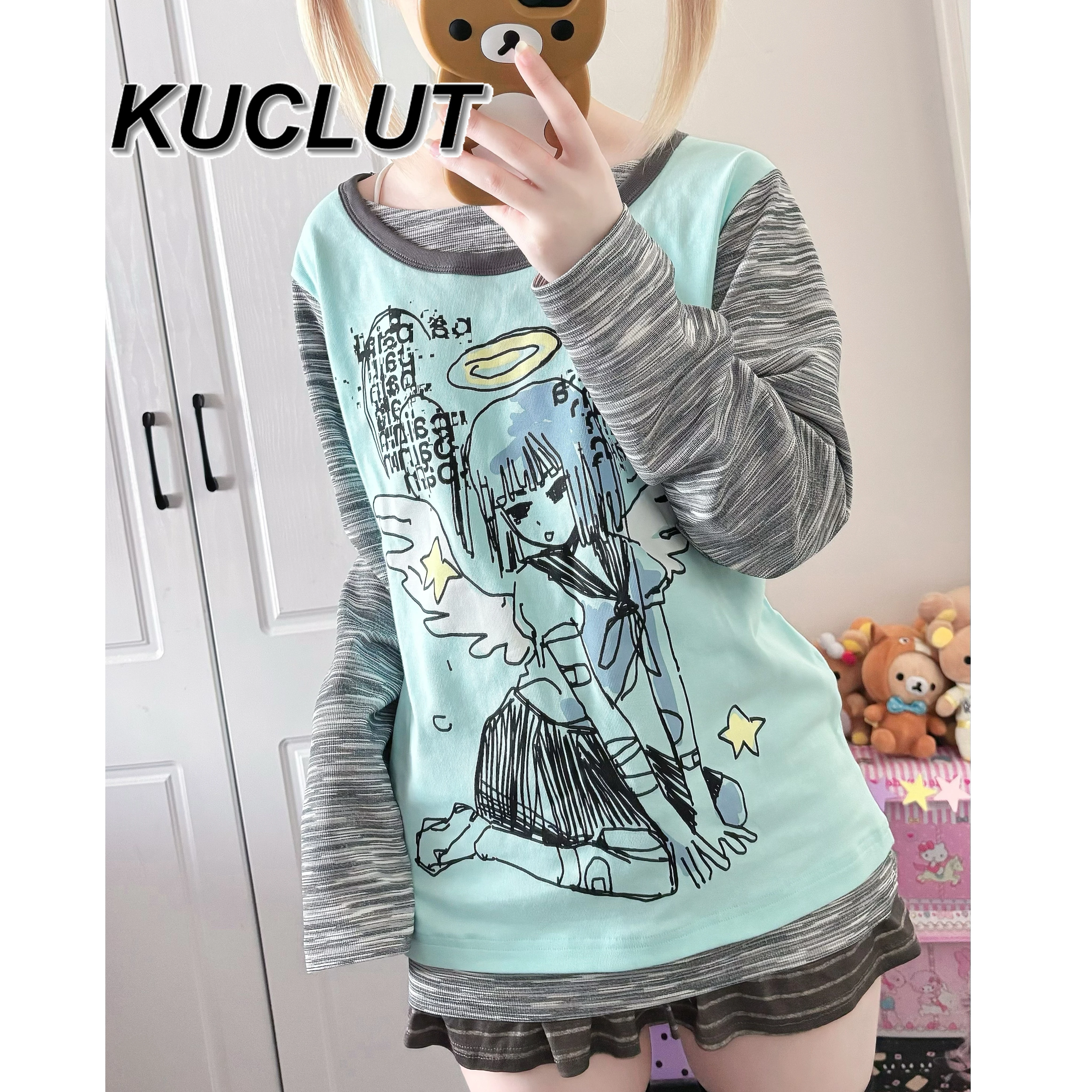 

Japanese Style Casual T Shirt Striped Long Sleeve T-shirts Fake Two-Piece Pure Cotton Versatile Fashion Crew Neck Tees