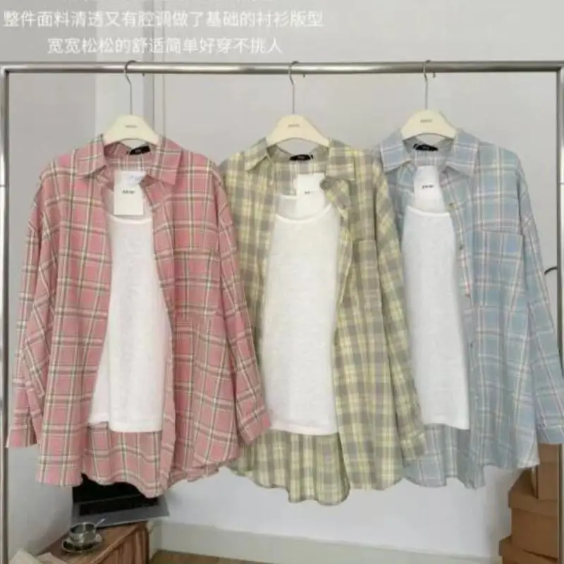 

Модная ретро-блузка в клетку, хлопковая куртка для женщин, весна-лето, с длинным рукавом, новый стиль, свободный крой, защита от солнца