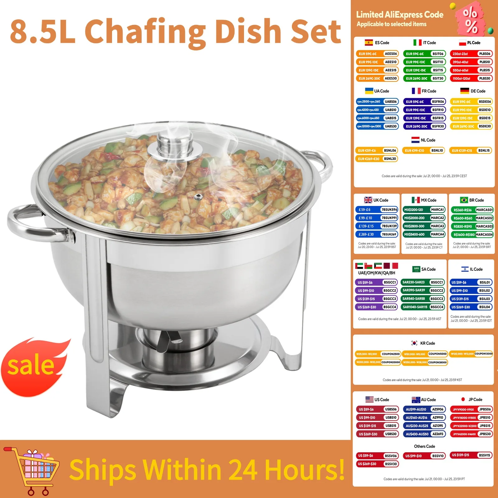 

8.5L Round Chafing Dish Buffet Set Heavy-Duty 201/430 Stainless Steel Buffet Server Hot & Cold Food Warmer for Parties & Events