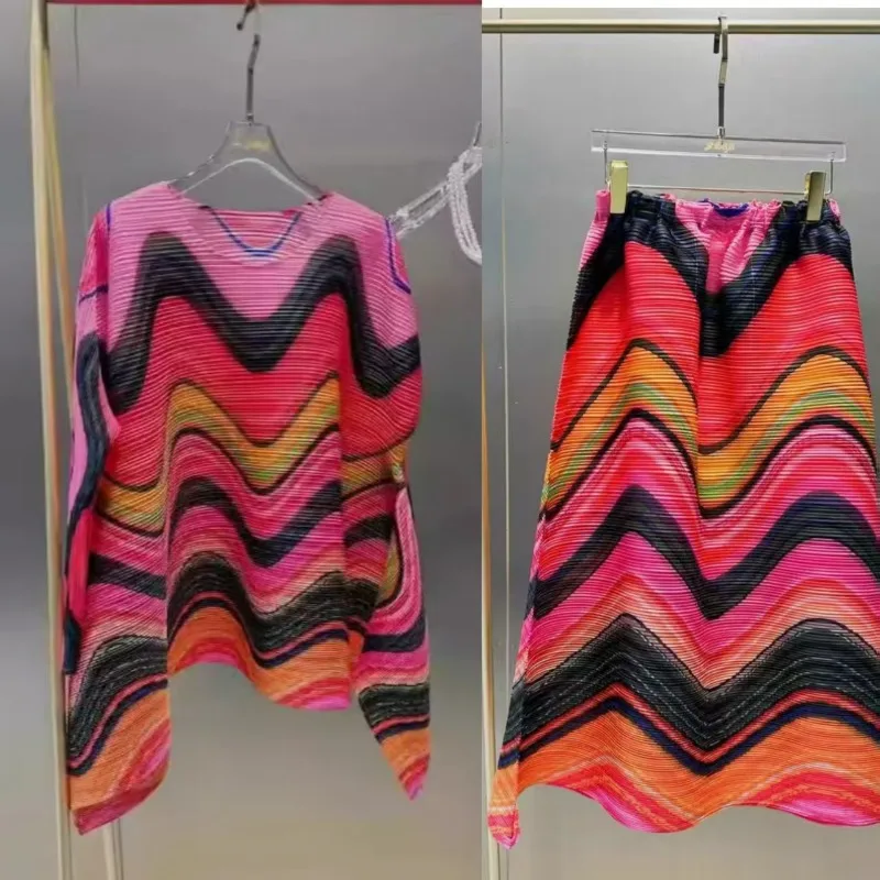 

Miyake Pleated Skirt Set 2025 Temperament Loose Casual Waterwave Long Sleeve Top Vest Half Skirt Personalized Niche Designs