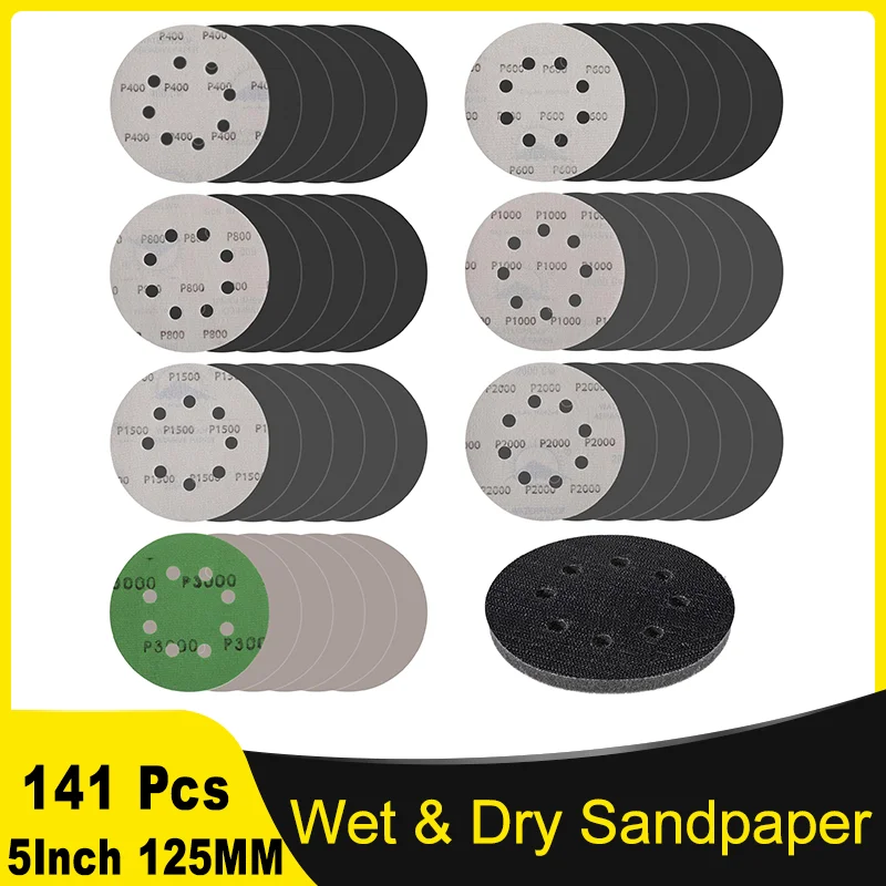 

5 дюймов 125 мм комплект влажной и сухой шлифовальной бумаги, 141 шт., 8 отверстий, зернистость 400-3000 с интерфейсной подушечкой для полировки автомобильной наждачной бумаги