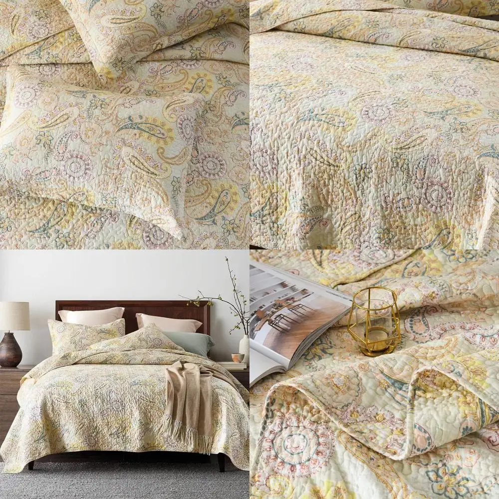 

Двусторонний стеганый набор покрытий с желтым цветочным принтом и узором пейсли, одеяло королевского размера