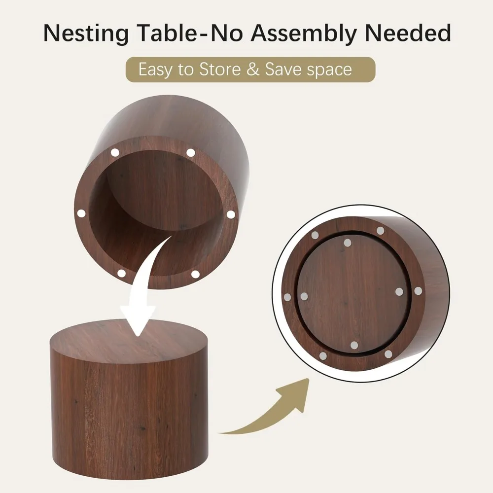 Nesting Coffee Table Set of 2, Round Walnut Wooden Coffee Tables Modern Circle End Table Side Tables for Small Spaces