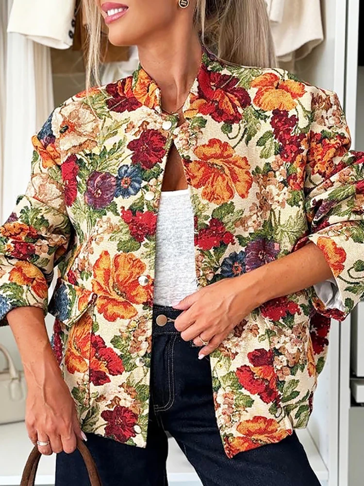Retro Flower Design Vacation Women's Coat Elegant Stand Collar Long Sleeved Office Outwear 2026 Spring New Bohemian Loose Jacket